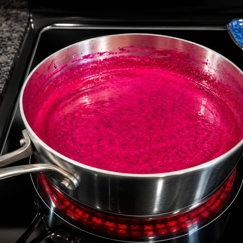 A saucepan of vivid magenta dragon fruit jam coming to a simmer on the stovetop.