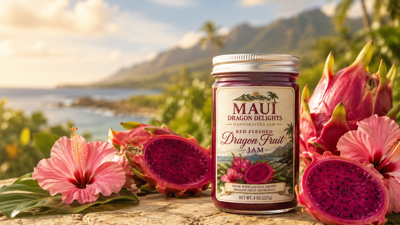 A jar of Maui Dragon Delights Red Fleshed Dragon Fruit Jam resting on a stone wall, surrounded by fresh pink dragon fruit and hibiscus blossoms, with the Maui coastline and mountains beyond.