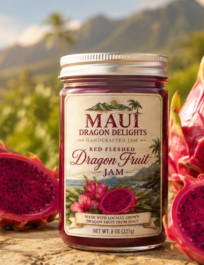 Close view of the 8 oz jar of Red Fleshed Dragon Fruit Jam, its illustrated label showing Maui mountains, hibiscus and dragon fruit.