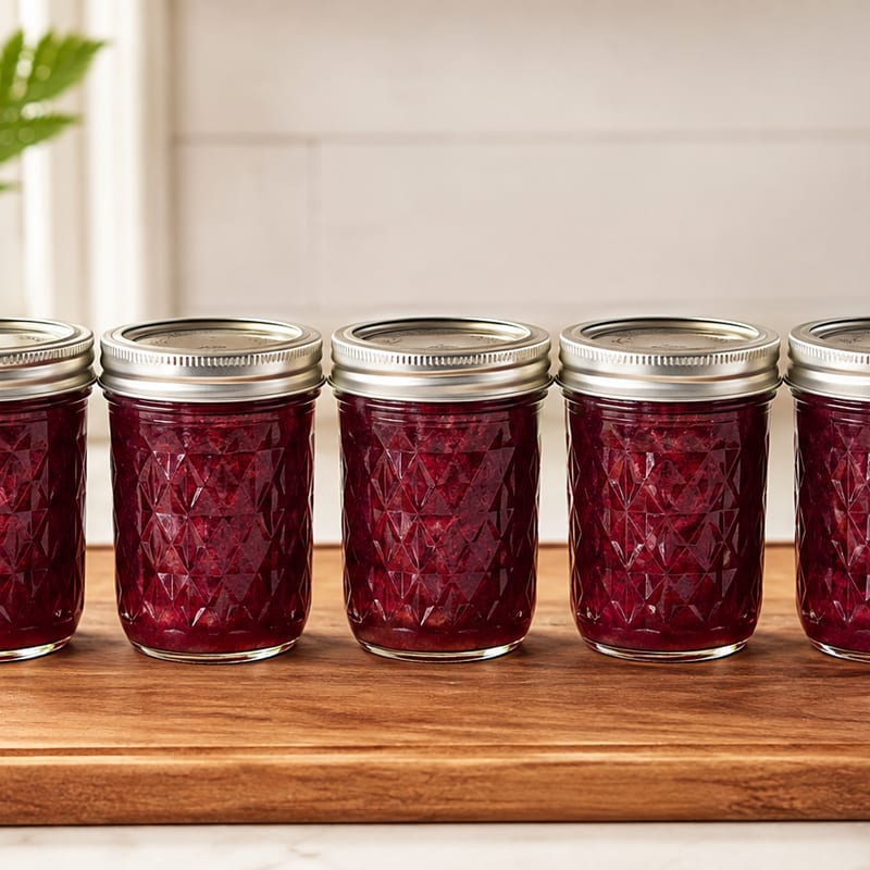 Five finished jars of deep ruby dragon fruit jam cooling on a wooden board.