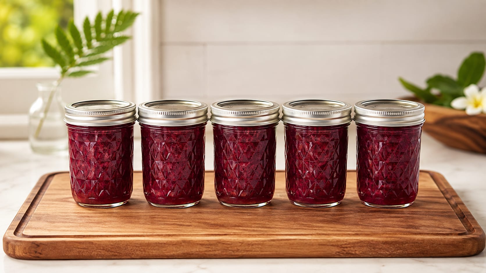 Five sealed jars of Maui Dragon Delights jam lined up on a wooden board in a bright kitchen.