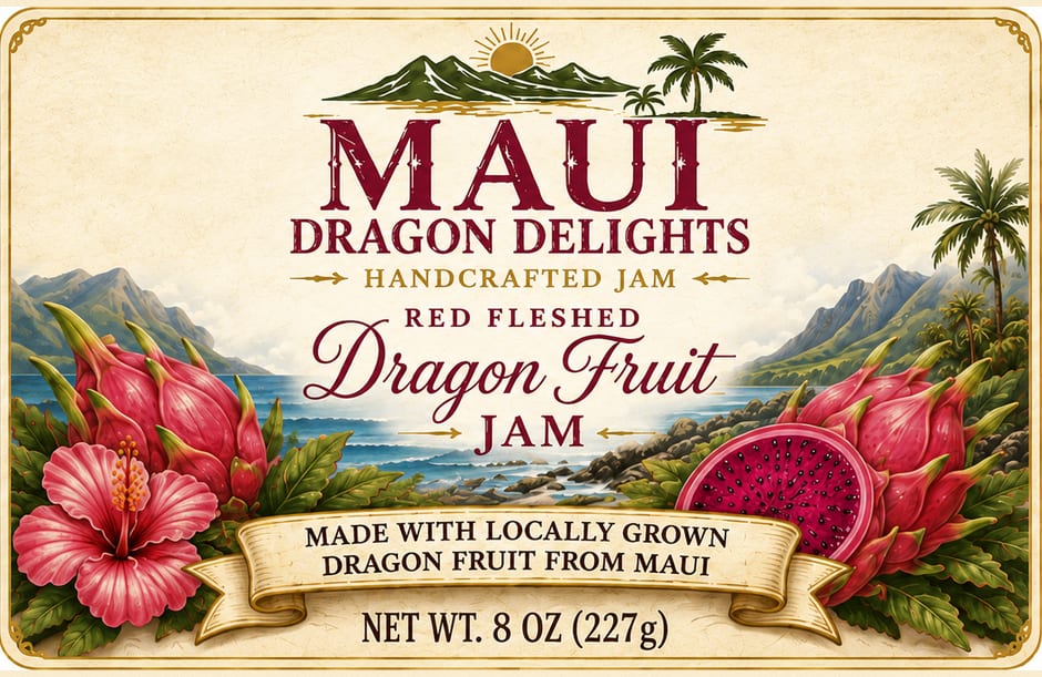 The front label artwork: Maui mountains, palms, a hibiscus and cut dragon fruit framing the words Red Fleshed Dragon Fruit Jam, made with locally grown dragon fruit from Maui, net wt. 8 oz.