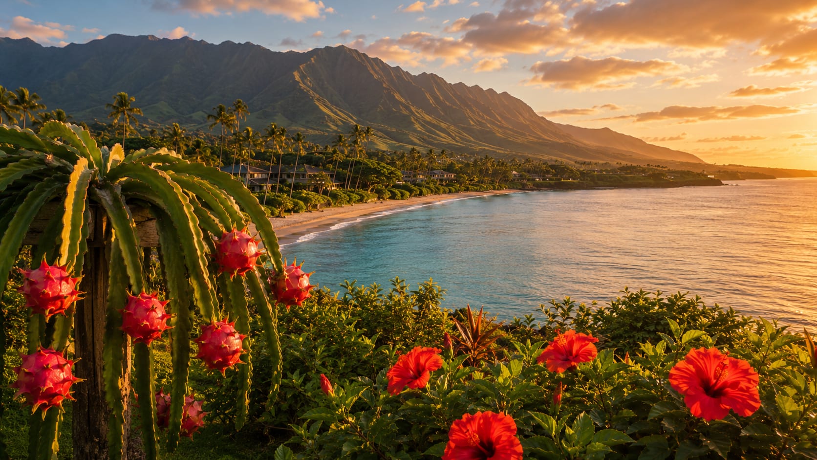 Sunset over a Maui bay: dragon fruit cactus in the foreground, palms along the shore, and the West Maui mountains catching the last light.