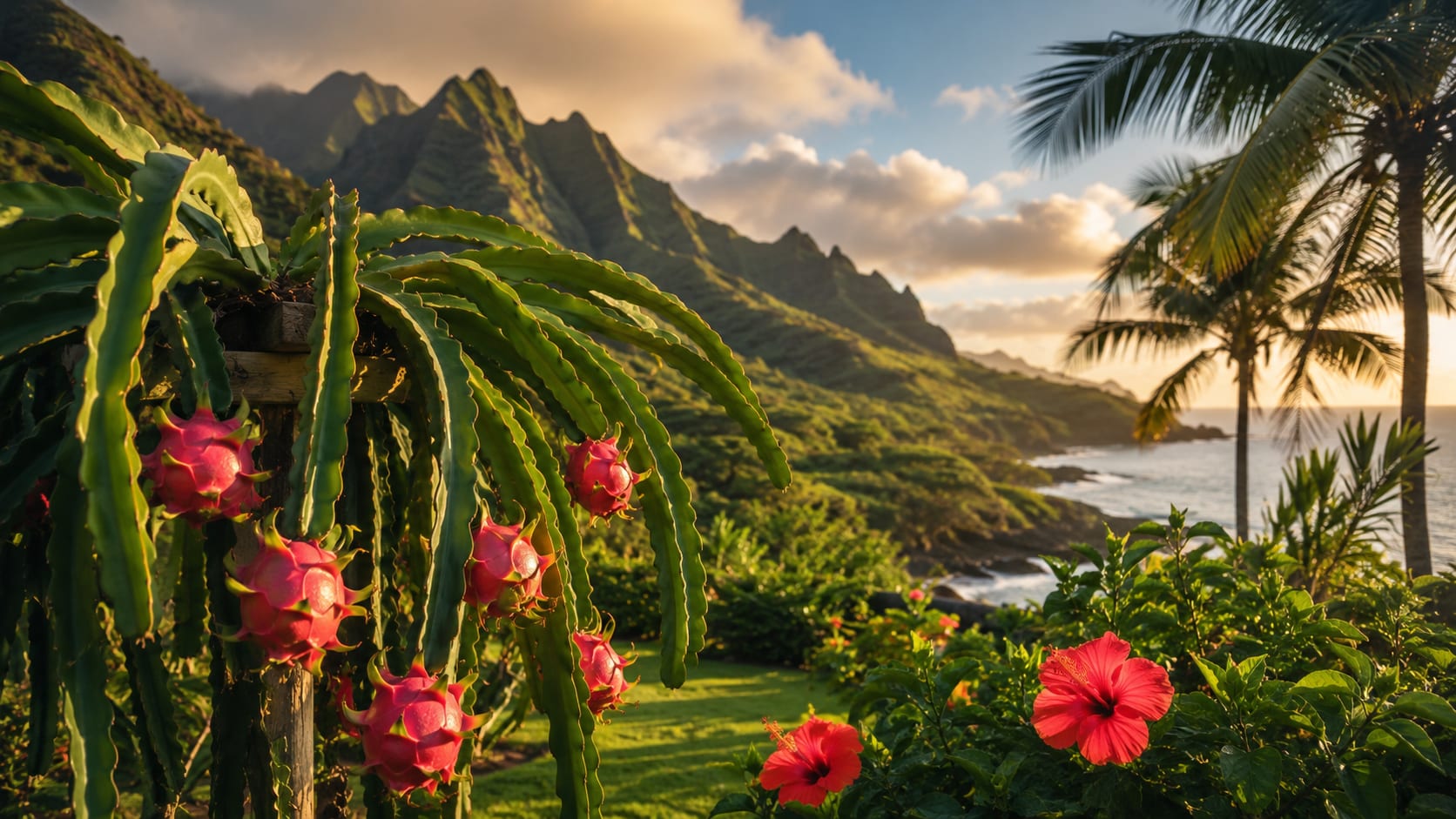 Dragon fruit cactus laden with ripe fruit above the green cliffs and ocean of Maui at golden hour.