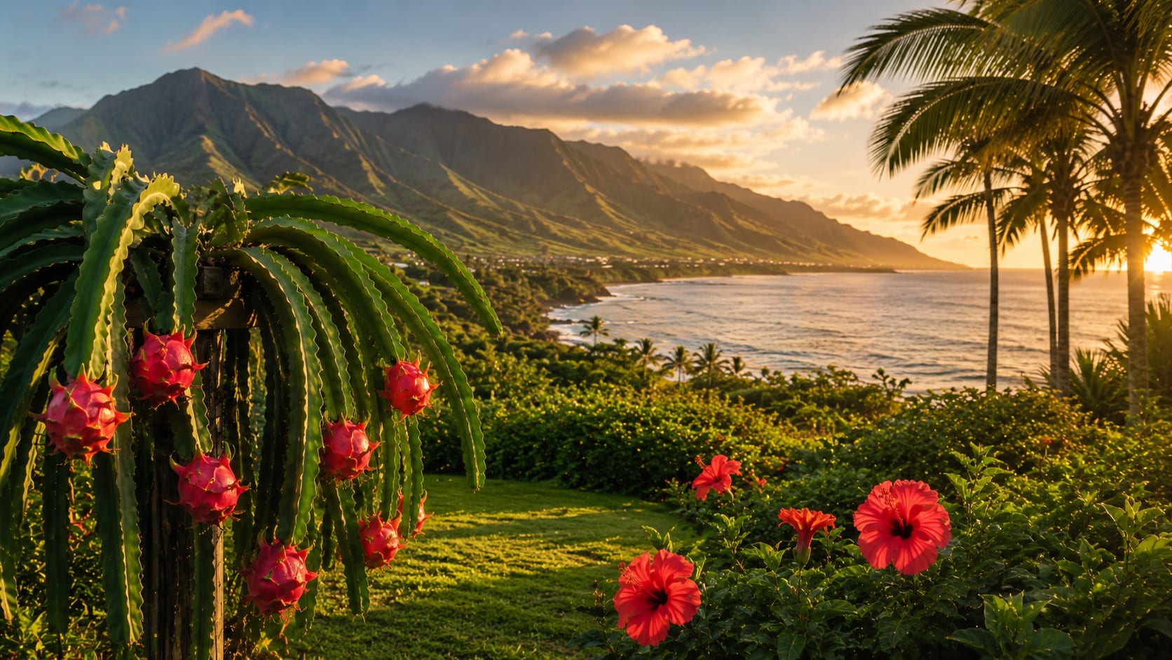 A dragon fruit cactus heavy with fruit above a Maui garden, hibiscus in bloom and the ocean beyond at sunset.