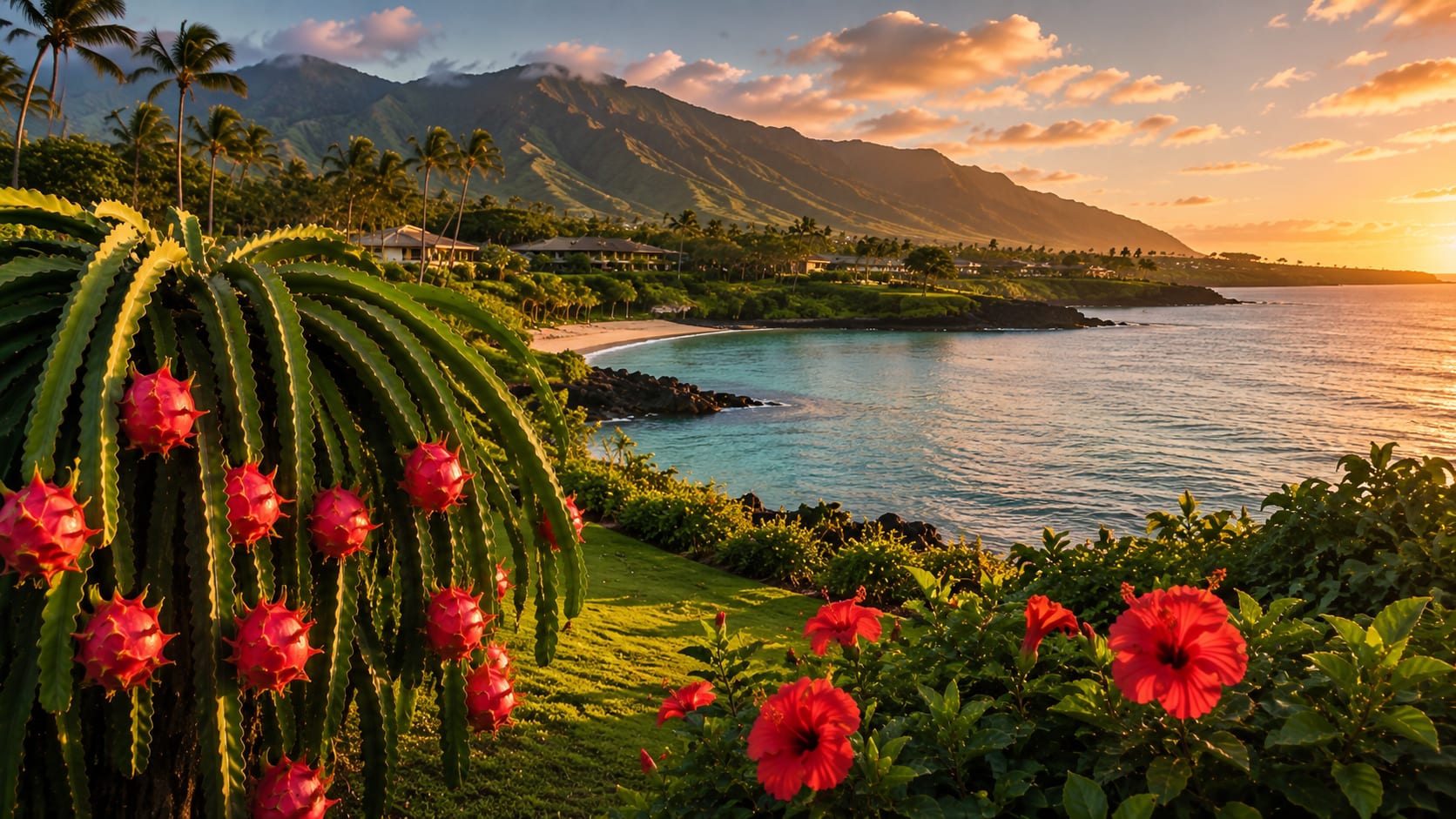 A Maui bay at sunset with dragon fruit cactus in bloom, palms and hibiscus along the shoreline.