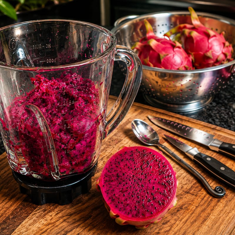 Ripe Maui dragon fruit in a colander beside a blender jug filled with brilliant magenta fruit, and a halved dragon fruit on a wooden board.