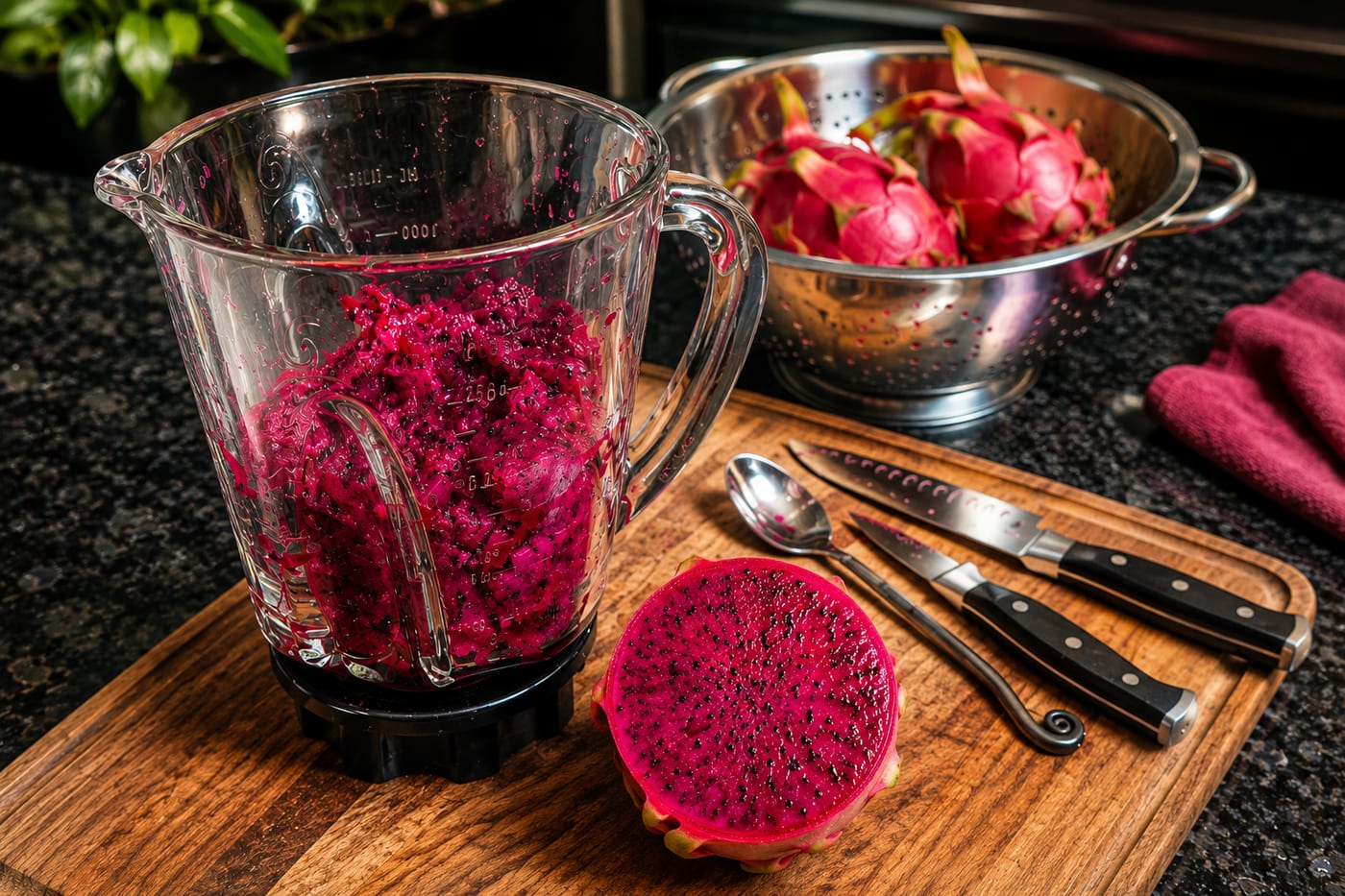 A halved red fleshed dragon fruit showing brilliant magenta flesh flecked with tiny black seeds, beside a blender jug of scooped fruit.